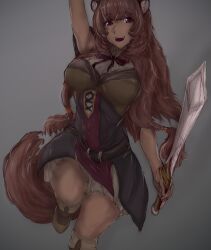 1girl :3 :d adapted_costume animal_ear_fluff animal_ears arm_up armor armpits black_dress boots breasts brown_boots brown_hair commentary dress english_commentary foot_out_of_frame highres knee_boots large_breasts leather_armor leg_up long_hair looking_at_viewer messy_hair metal_hair_tubes neck_ribbon open_mouth pauldrons raccoon_ears raccoon_girl raccoon_tail raphtalia red_dress red_eyes red_ribbon ribbon short_dress shoulder_armor single_pauldron sleeveless sleeveless_dress smile solo standing standing_on_one_leg striped_clothes striped_dress tail tate_no_yuusha_no_nariagari teeth tiepcuk two-tone_dress upper_teeth_only vertical-striped_clothes vertical-striped_dress white_dress