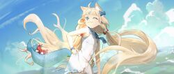 Rule 34 | 1girl, absurdres, ahoge, animal ears, blue eyes, blue hair, blue sky, cat ears, cloud, crab, dress, fang, fins, fish girl, fish tail, highres, indie virtual youtuber, long hair, low twintails, multicolored hair, one eye closed, one side up, sameko saba, skin fang, sky, sleeveless, sleeveless dress, smile, solo, streaked hair, tail, twintails, very long hair, vinoillust, virtual youtuber, wading, water, white dress