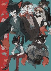 1girl 3boys aak_(arknights) animal_ears arknights black_gloves colored_tips commentary_request dragon_boy dragon_ears earrings fingerless_gloves fins fish_tail full_body furry furry_female furry_male gloves hair_over_one_eye hands_in_opposite_sleeves highres holding holding_vial horns hung_(arknights) japanese_clothes jewelry kimono komainu_boy komainu_ears komainu_tail lee_(arknights) looking_at_viewer looking_to_the_side male_focus multicolored_hair multiple_boys multiple_views one_eye_covered round_eyewear single_horn sirakaro sitting smile tail tiger_ears tiger_girl tiger_stripes tiger_tail upper_body vial waai_fu_(arknights) yawning