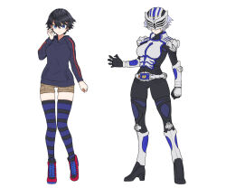 2girls armor belt black_bodysuit black_hair blue_eyes blue_hair blue_hoodie bodysuit boots brown_shorts closed_mouth commentary dual_persona eidenjyou1997 eye_mask full_body genderswap genderswap_(mtf) high_heel_boots high_heels hood hoodie horizontal-striped_thighhighs kamen_rider kamen_rider_ryuki_(series) kamen_rider_tiger light_frown looking_at_viewer multiple_girls red_shoes rider-tan rider_belt shoes short_hair short_shorts shorts simple_background standing striped_clothes striped_thighhighs thighhighs toujou_satoru v_buckle white_background