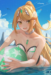 1girl absurdres amausa_subee ball bare_shoulders beachball bikini blonde_hair blue_sky blush breasts cleavage collarbone earrings high_ponytail highres jewelry large_breasts long_hair mythra_(xenoblade) partially_submerged ponytail sky solo strapless swimsuit water white_bikini xenoblade_chronicles_(series) xenoblade_chronicles_2 yellow_eyes