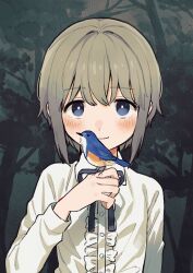 1girl absurdres bird bird_on_hand blonde_hair blue_eyes blush center_frills closed_mouth collared_shirt commentary_request commission frills hair_intakes highres long_sleeves looking_at_viewer neck_ribbon original ribbon shirt short_hair sidelocks skeb_commission smile solo straight-on upper_body white_shirt zinbei