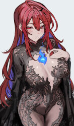 1girl absurdres ahoge blue_fire blush bodystocking breasts chronopattern_dress cleavage cleavage_cutout closed_mouth clothing_cutout colored_inner_hair commentary elizabeth_rose_bloodflame fire fire_on_chest hair_between_eyes hand_on_own_chest highres hololive hololive_english large_breasts lingerie long_hair looking_at_viewer multicolored_hair naokomama purple_hair red_eyes red_hair sidelocks simple_background solo standing two-tone_hair underwear virtual_youtuber white_background