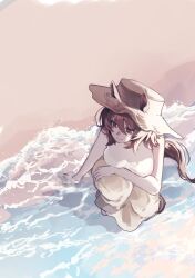 Rule 34 | 1girl, agnes tachyon (umamusume), animal ears, bare shoulders, beach, chemical structure, ear tag, ears through headwear, hat, highres, horse ears, horse girl, horse tail, long skirt, medium hair, outdoors, shirt, skirt, solo, straw hat, tail, uma2 0429, umamusume, waves, white shirt, yellow skirt