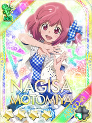 1girl :d akb0048 bow card_(medium) character_name copyright_name cowboy_shot dancing dress frilled_dress frills gingham_bow gingham_dress hair_bow hands_up heart jacket lens_flare looking_at_viewer motomiya_nagisa non-circular_lens_flare non-web_source official_art one_side_up open_clothes open_jacket open_mouth pink_hair rainbow_background red_eyes short_hair short_sleeves smile solo sparkle standing star_(symbol) strapless strapless_dress white_jacket