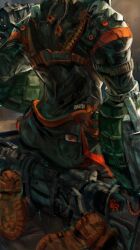 Rule 34 | 1boy, artist name, ass, back, back focus, bakugou katsuki, blonde hair, boku no hero academia, colored shoe soles, commentary, english commentary, head out of frame, highres, male focus, pocket, shoe soles, solo, superhero costume, weapon, weenizzzz