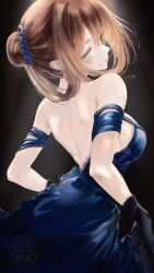1girl absurdres backless_dress backless_outfit black_gloves blue_dress breasts brown_hair commentary cowboy_shot dress from_behind girls&#039;_frontline girls&#039;_frontline_2:_exilium gloves green_eyes hair_rings highres looking_at_viewer looking_back medium_breasts official_alternate_costume parted_lips renoahh solo springfield_(girls&#039;_frontline) springfield_(girls&#039;_frontline_2) watermark