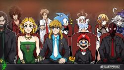 4girls 6+boys alan_wake alan_wake_(game) beard blonde_hair blue_eyes breasts brown_hair clive_rosfield dress elf facial_hair final_fantasy final_fantasy_xvi flower formal_clothes furina_(genshin_impact) genshin_impact glow_pikmin green_dress green_eyes grin hat highres holding_hands leon_s._kennedy link long_hair looking_at_another lumine_(genshin_impact) mario mario_(series) marvel mask medium_breasts multiple_boys multiple_girls mustache nintendo paimon_(genshin_impact) pikmin_(series) pikmin_4 pointy_ears princess_zelda resident_evil resident_evil_4 resident_evil_4_(remake) saverpengu sega serious sitting skirt smile sonic_(series) sonic_superstars sonic_the_hedgehog sonic_the_hedgehog_(classic) spider-man_(miles_morales) spider-man_(series) suit super_mario_bros._wonder talking_flower_(mario) the_legend_of_zelda the_legend_of_zelda:_tears_of_the_kingdom white_hair