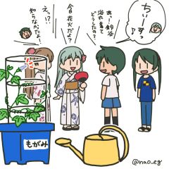 4girls blue_pants blue_shirt blue_shorts blush_stickers brown_hair bud commentary_request floral_print flower full_body green_hair grey_hair hair_flower hair_ornament hand_fan japanese_clothes kantai_collection kimono kumano_(kancolle) long_hair mikuma_(kancolle) mikuma_(lawson)_(kancolle) mogami_(kancolle) mogami_(lawson)_(kancolle) multiple_girls nao_(nao_eg) official_alternate_costume pants paper_fan passion_flower plant potted_plant shirt short_hair shorts simple_background smile standing suzuya_(kancolle) suzuya_(yukata)_(kancolle) swept_bangs t-shirt translation_request twintails twitter_username uchiwa vines watering_can white_background white_shirt yukata |_|