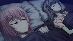 2girls akiha_rumiho amane_suzuha bed bed_sheet brown_hair collar facing_up fingernails frilled_collar frilled_pajamas frills game_cg hair_down head_on_pillow highres huke lips long_hair multiple_girls no_animal_ears no_headwear non-web_source official_art on_bed open_mouth pajamas pillow pink_hair pink_pajamas puffy_short_sleeves puffy_sleeves shared_bed shared_blanket shiny_lips short_sleeves sleeping sleeping_together steins;gate steins;gate:_linear_bounded_phenogram tongue tsurime under_covers