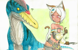 10s 1girl animal_ears cat_ears chou_megami_shinkou_noire_gekishin_black_heart gloves hair_ornament hat highres isaki_tanaka monster_hunter_(series) moruu neptune_(series) red_eyes short_hair tail traditional_media velociprey white_hair