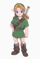 1boy absurdres arm_at_side belt belt_buckle blonde_hair blue_eyes boots brown_belt brown_boots buckle child closed_mouth fold-over_boots full_body green_hat green_tunic hand_on_own_hip hat highres kokiri_sword link looking_at_viewer male_focus nintendo pointy_ears shield shield_on_back short_hair shoulder_belt simple_background solo standing sword sword_on_back the_legend_of_zelda the_legend_of_zelda:_ocarina_of_time tunic watermark weapon weapon_on_back white_background yamori_(yamoooon21) young_link
