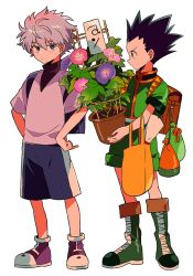 2boys backpack bag black_hair blue_eyes blue_flower blue_shorts boots brown_eyes closed_mouth commentary_request dot_mouth flower flower_pot full_body gon_freecss green_footwear green_jacket green_shorts hands_on_own_hips holding holding_flower_pot hunter_x_hunter jacket killua_zoldyck looking_at_another male_focus multiple_boys nervous nervous_sweating orange_trim pink_flower plant purple_footwear sanamaru_(sana79261827) shirt shoes shorts simple_background small_sweatdrop sneakers standing striped_clothes striped_shorts sweat turtleneck v-neck v-shaped_eyebrows vertical-striped_clothes vertical-striped_shorts white_background white_hair white_shirt yellow_bag