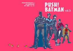 5boys batman batman_(series) belt bird boots brothers bruce_wayne cape color_background cowl crossed_arms damian_wayne dc_comics dick_grayson domino_mask family father_and_son green_footwear jason_todd male_focus mask multiple_boys nightwing pink_background red_hood_(dc) red_robin robin_(bird) robin_(dc) shoes siblings standing superhero_costume tim_drake