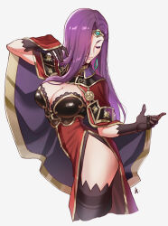 Rule 34 | 1girl, black gloves, black thighhighs, blush, breasts, cape, circlet, cleavage, closed eyes, dress, earrings, elbow gloves, eyeshadow, fire emblem, fire emblem echoes: shadows of valentia, fire emblem gaiden, gloves, hair over one eye, highres, jewelry, large breasts, long hair, looking at viewer, makeup, nintendo, purple eyeshadow, purple hair, simple background, solo, sonya (fire emblem gaiden), thighhighs, thighs, tiara, zedoraart