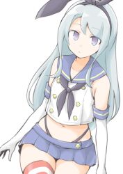 1girl :/ akara_kai collarbone commentary cosplay cow elbow_gloves gloves grey_hair highleg highleg_panties highres kantai_collection long_hair microskirt navel panties purple_eyes sagiri_(kancolle) sailor_collar shimakaze_(kancolle) shimakaze_(kancolle)_(cosplay) shirt simple_background skirt sleeveless sleeveless_shirt solo striped_clothes striped_thighhighs thighhighs underwear white_background white_gloves