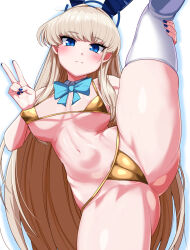 1girl animal_ears bikini blonde_hair blue_archive blue_eyes blue_halo breasts cameltoe covered_erect_nipples gold_bikini hairband halo highres labia_slip leg_up long_hair looking_at_viewer medium_breasts micro_bikini nail_polish navel pubic_hair rabbit_ears solo spread_legs swimsuit tenken_(gotannda) thighhighs toki_(blue_archive) v