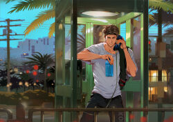 1boy bandal black_pants bottle brown_hair city highres holding holding_bottle jacket jacket_over_shoulder male_focus mitsui_hisashi outdoors palm_tree pants parted_lips phone_booth railing scar scar_on_face shirt short_hair slam_dunk_(series) solo talking_on_phone toned toned_male traffic_light tree unworn_jacket utility_pole water_bottle white_shirt