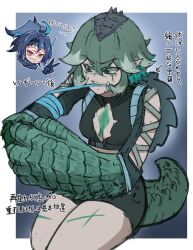 Rule 34 | 2girls, absurdres, amputee, bandages, bleeding, blood, blue background, border, breasts, clawed hands, claws, cleavage, cleavage cutout, clothing cutout, colored blood, cosplay, engi (animation studio), facial scar, fang, fanged bangs, gamera, gamera (cosplay), gamera (series), gamera -rebirth-, genderswap, genderswap (mtf), green blood, guiron, guiron (cosplay), highres, huge hands, humanization, japanese text, kadokawa, kaiju, mahari lab, midriff, monster girl, multiple girls, personification, pointy ears, red eyes, scar, scar on cheek, scar on chest, scar on chin, scar on face, scar on leg, scar on nose, scar on thigh, shorts, simple background, tail, turtle girl, turtle tail, v, white border