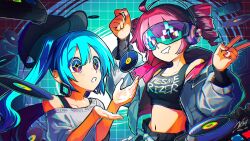 2girls ahoge alternate_costume arms_up black_shirt black_shorts blue_background blue_eyes blue_hair breasts cd chou_eshi_ten_~if_no_gakkyoku_sekai_ten~ collarbone commentary cropped_shirt doggo_1d34 drill_hair drooling goggles hair_between_eyes hands_up hatsune_miku highres jacket kasane_teto long_sleeves medium_breasts mesmerizer_(vocaloid) multiple_girls navel open_clothes open_jacket pink_eyes record red_eyes red_hair red_nails shirt shorts simple_background single_off_shoulder sleeveless sleeveless_shirt star-shaped_pupils star_(symbol) symbol-shaped_pupils twin_drills twintails utau v vocaloid white_jacket white_shirt yellow_pupils zipper