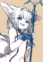 Rule 34 | 1girl, animal ears, arknights, fox ears, fox girl, fox tail, gloves, hairband, highres, holding, holding staff, looking at viewer, monochrome, niwatori (akira 207), smile, solo, staff, suzuran (arknights), tail, twitter username