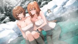 Rule 34 | 2girls, blush, breasts, choker, collarbone, commission, crossover, girls&#039; frontline, green eyes, grin, hair between eyes, heart lock (kantai collection), highres, jewelry, kantai collection, large breasts, light brown hair, long hair, looking at viewer, multiple girls, mutsu (kancolle), naked towel, necklace, onsen, ponytail, ring, second-party source, short hair, smile, snow, sowb, springfield (girls&#039; frontline), towel, wedding ring
