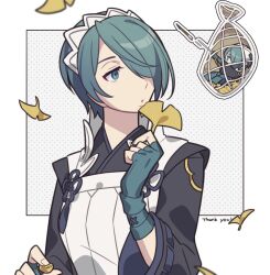 1girl blue_eyes blue_hair fire_emblem fire_emblem_fates haconeri hair_over_one_eye in_net japanese_clothes net nintendo open_mouth setsuna_(fire_emblem) short_hair trapped upper_body