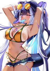 1girl adjusting_hair ahoge armpits bikini bikini_shorts blue_hair blue_shorts body_markings breasts cowboy_shot facial_mark grey_hair heart heart-shaped_pupils heart_ahoge highres indie_virtual_youtuber large_breasts long_hair multicolored_hair one_eye_closed purple_eyes purple_hair short_shorts shorts shylily simple_background solo squchan swimsuit symbol-shaped_pupils tan tanline very_long_hair white_background yellow_bikini