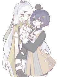 2girls absurdres ahoge animal_costume belle_(delicate_sunlight)_(zenless_zone_zero) belle_(zenless_zone_zero) bird black_bird black_unitard breasts cowboy_shot dress_over_shirt green_eyes hair_ornament hand_on_another&#039;s_hip highres jacket large_breasts letter_hair_ornament long_hair multiple_girls official_alternate_costume panda_costume simple_background single_hair_intake single_thighhigh smile thighhighs white_hair yellow_eyes yellow_jacket yin_yang_pin yixuan_(zenless_zone_zero) zenless_zone_zero zzzii0
