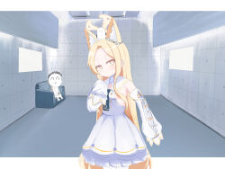 animal_ears armchair armpit_peek breasts chair dress fox_ears halo highres indoors jamiroquai long_hair long_sleeves looking_at_viewer meme necktie nemuri_tai open_mouth parody seia_(blue_archive) sensei_(blue_archive) short_eyebrows sidelocks sleeveless sleeveless_dress small_breasts virtual_insanity_(song) white_sleeves yellow_eyes yellow_halo