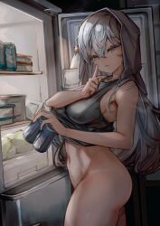 1girl absurdres ass bottle bottomless breasts can commentary_request convenient_censoring finger_to_mouth food food_packaging grey_eyes grey_hair grey_tank_top highres holding holding_can indoors large_breasts long_hair no_panties original refrigerator refrigerator_interior shelf shushing soleil_(soleilmtfbwy03) solo stomach tank_top thighs towel towel_on_head