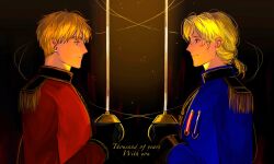 2boys absurdres award_ribbon axis_powers_hetalia black_background blonde_hair blue_eyes blue_jacket epaulettes france_(hetalia) gloves green_eyes high_collar highres holding holding_sword holding_weapon jacket long_sleeves looking_at_another low_ponytail male_focus medal medium_hair military military_jacket military_uniform multiple_boys ponytail profile purple_eyes red_jacket short_hair smile sword thick_eyebrows united_kingdom_(hetalia) upper_body wanlaijuji132 weapon
