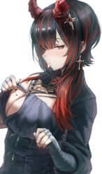 1girl absurdres belt black_hair black_nails blush breasts cleavage cross cross_earrings cross_hair_ornament earrings fingerless_gloves gloves grey_belt grey_skirt hair_ornament highres horns jewelry jindogod large_breasts long_hair long_sleeves looking_at_viewer mole mole_on_breast multicolored_hair orange_eyes original red_brooch red_hair skirt solo streaked_hair upper_body