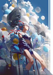 1girl balloon blue_sky cloud crop_top fajyobore from_below hair_ribbon heart_balloon highres holding holding_balloon off_shoulder original outdoors railing red_eyes ribbon shirt short_shorts shorts sitting sky socks solo star_balloon twintails white_shirt white_socks