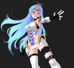 1girl android black_background blue_hair breasts commentary english_commentary floating_hair forehead_protector groin highres kos-mos large_breasts long_hair outstretched_arms pink_eyes simple_background solo standing take-zz very_long_hair xenosaga xenosaga_episode_i