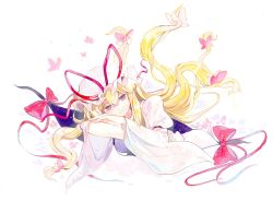 1girl blonde_hair bow breasts bug butterfly closed_mouth commentary_request dress gap_(touhou) hair_bow hat hat_ribbon highres insect long_hair long_sleeves looking_at_viewer mob_cap multiple_hair_bows pink_butterfly purple_tabard red_bow red_ribbon ribbon smile solo tabard touhou very_long_hair white_dress wide_sleeves yakumo_yukari youshouhaoxianzhe