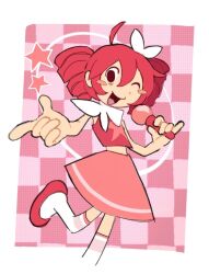 Rule 34 | 1girl, ahoge, blush stickers, border, bow, checkered background, crop top, cropped legs, daxturii, dot nose, drill hair, hair between eyes, hair bow, hashtag-only commentary, holding, holding microphone, kasane teto, kasane teto (sv), leg up, looking at viewer, microphone, midriff, one eye closed, open mouth, parody, pink background, pink skirt, pointing, pointing at viewer, red hair, red shirt, red shoes, rhythm tengoku, shirt, shoes, skirt, smile, socks, solo, spoken for (synthesizer v), star (symbol), style parody, synthesizer v, twin drills, utau, white border, white bow, white socks