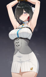1girl aqua_necktie armpits arms_up atelier_(series) atelier_yumia black_hair blush breasts commentary commission corset dress english_commentary fuooooo hair_ornament hair_over_one_eye highres large_breasts looking_at_viewer medium_hair mole mole_under_eye multicolored_hair necktie pixiv_commission red_hair restrained sleeveless sleeveless_dress solo streaked_hair sweat white_dress yumia_liessfeldt