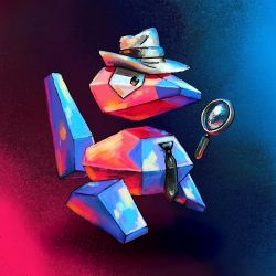 animal_focus bird black_necktie brown_eyes clothed_pokemon commentary cortoony creature detective_pikachu_(series) english_commentary fedora full_body gen_1_pokemon hat magnifying_glass necktie nintendo no_humans pokemon pokemon_(creature) pokemon_focus porygon shadow solo walking