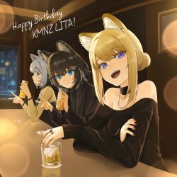 3girls animal_ear_fluff animal_ear_piercing animal_ears barbell_piercing bare_shoulders black_collar black_dress black_hair black_jacket black_sweater blonde_hair blue_eyes breasts closed_mouth collar collarbone commentary_request crossed_bangs cup dog_ears dog_girl double-parted_bangs dress ear_piercing glass grey_hair grey_nails grey_streaks hair_between_eyes hair_bun happy_birthday highres holding holding_cup indoors industrial_piercing itsumeee3 jacket jewelry kmnz lita_(kmnz) long_sleeves looking_at_viewer medium_hair multicolored_hair multiple_girls multiple_rings necklace nero_(kmnz) off-shoulder_dress off_shoulder open_clothes open_jacket open_mouth piercing purple_eyes red_nails ring shirt short_hair single_hair_bun smile spiked_ear_piercing streaked_hair sweater swept_bangs teeth tina_(kmnz) upper_teeth_only v virtual_youtuber yellow_shirt