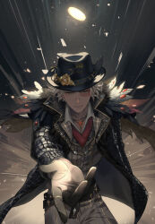 1boy absurdres black_hat coin face_piercing flower grey_eyes grey_pants hat hat_feather hat_flower highres identity_v jacket leather leather_jacket male_focus minatoya_mozuku norton_campbell nose_piercing offering_hand pants piercing scar scar_on_face short_hair solo vest white_hat