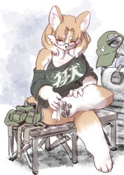 1girl airsoft_corgi_(yazawa_owl) animal_ear_fluff animal_ears baseball_cap breasts brown_hair dog dog_ears dog_girl dog_tail furry furry_female glasses hat highres large_breasts original parted_bangs pawpads simple_background tactical_clothes tail thick_eyebrows yazawa_owl