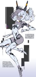 Rule 34 | 1girl, absurdres, android, breasts, colored skin, commentary request, earrings, expressionless, full body, grey hair, grey skin, headgear, highres, jewelry, jnt, leotard, long hair, looking at viewer, mechanical arms, mechanical legs, orange eyes, original, small breasts, solo, translation request