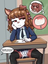 1girl 2025 absurdres aftersex animal_ears arm_support bad_tag bow brown_hair cameltoe chair classroom commentary cum cum_in_clothes cum_in_panties cum_in_pussy desk dog_ears dog_girl ejaculation english_commentary english_text father_and_daughter floppy_ears furry furry_female grin hair_bow hair_ornament hair_ribbon hana_(twinblademel) highres incest indoors internal_cumshot legs loli long_hair necktie on_chair original panties paper pencil red_eyes ribbon school school_chair school_desk school_uniform shirt sitting skirt smile solo speech_bubble spread_legs thighhighs underwear upskirt uterus vermelhatan wet wet_clothes white_panties white_shirt