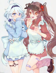 2girls absurdres ahoge alternate_costume apron bandaid bandaid_on_leg black_ribbon black_visor blue_eyes blue_hair blue_hairband blue_sweater brown_footwear brown_hair character_doll claw_pose commentary_request covering_own_mouth cowboy_shot doll dress drop-shaped_pupils eyelash_ornament flower-shaped_pupils frilled_apron frills furina_(genshin_impact) genshin_impact hair_between_eyes hair_ornament hair_ribbon hairband heart heart_ring_strap highres holding holding_stuffed_toy hu_tao_(genshin_impact) leg_warmers long_hair long_sleeves looking_at_viewer moika multiple_girls open_mouth pink_leg_warmers red_eyes red_sweater ribbon short_hair side-by-side simple_background sleeves_past_fingers sleeves_past_wrists sleeves_rolled_up standing standing_on_one_leg stuffed_toy surintendante_chevalmarin sweater sweater_dress symbol-shaped_pupils teeth thigh_strap twintails twitter_username upper_teeth_only very_long_hair visor_cap waitress white_apron white_background x_hair_ornament