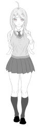 Rule 34 | 1girl, ahoge, akamatsu kaede, backpack, bag, breasts, chinese commentary, closed mouth, collared shirt, commentary request, danganronpa (series), danganronpa v3: killing harmony, eyelashes, fortissimo, full body, greyscale, hair ornament, kneehighs, knees, large breasts, light smile, loafers, long hair, long sleeves, looking at viewer, miniskirt, mixed-language commentary, monochrome, musical note, musical note hair ornament, necktie, nervous smile, pink eyes, pleated skirt, salute, shirt, shoes, simple background, skirt, smile, socks, solo, spot color, standing, straight-arm salute, sweatdrop, v-neck, vest, white background, zuizi