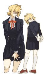 Rule 34 | 1girl, alternate costume, amatuki, arcueid brunestud, arms behind back, belt, black belt, black shirt, black skirt, black vest, blonde hair, bow, bowtie, buttons, closed mouth, glasses, head tilt, highres, interlocked fingers, looking at viewer, open hand, outline, red footwear, school uniform, shirt, shoes, short hair, skirt, socks, tsukihime, turning head, vest, white background, white socks, yellow outline