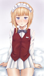 1girl blonde_hair blue_eyes blush bow bowtie cutlass_(girls_und_panzer) girls_und_panzer looking_at_viewer maid_headdress open_mouth pelemix pleated_skirt shirt skirt solo vest white_shirt