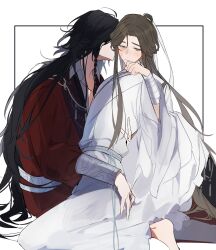 Rule 34 | 2boys, bandaged arm, bandaged neck, bandages, barefoot, beads, belt, bishounen, black hair, blush, bracelet, braid, brown eyes, brown hair, chinese clothes, closed mouth, collared shirt, hair beads, hair bun, hair ornament, hair ribbon, hand up, hanfu, highres, hua cheng, hug, inset border, jewelry, long hair, long sleeves, looking down, male focus, manjuyawaraka, multiple belts, multiple boys, necklace, red hanfu, ribbon, robe, shirt, side braid, silver belt, silver bracelet, silver necklace, simple background, single braid, single hair bun, sitting, sitting on lap, sitting on person, sweatdrop, third-party source, tianguan cifu, very long hair, white background, white hanfu, white ribbon, wide sleeves, xie lian, yaoi, yaopei