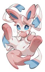 absurdres animal_focus blue_eyes bow full_body gen_6_pokemon highres licking_paw looking_at_viewer lying nintendo no_humans nullma on_back pokemon pokemon_(creature) ribbon simple_background solo sylveon white_background